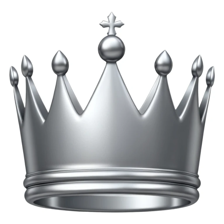 A luxury silver crown emoji, chrome metallic finish, smooth rounded edges, subtle sparkle, polished reflective surface, cute proportions, iOS emoji style, centered on a clean white background, soft studio lighting, no outlines sticker