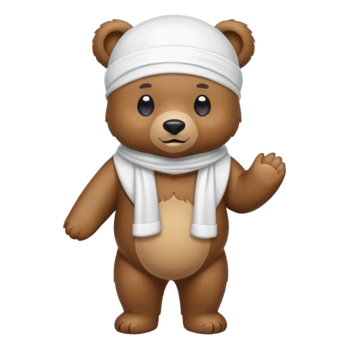 Full-body standing brown bear wearing a white durag on its head, cute emoji style sticker
