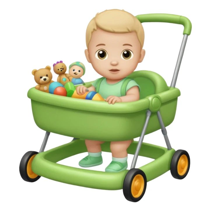 green baby walker with toys on it and on baby sticker