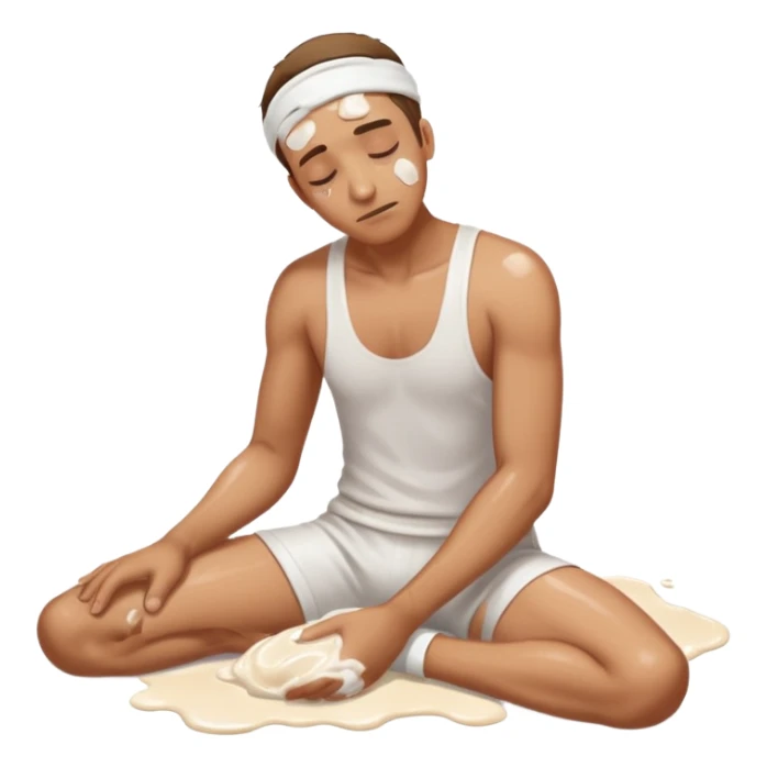 Man on the floor exhausted covered in white lotion sticker