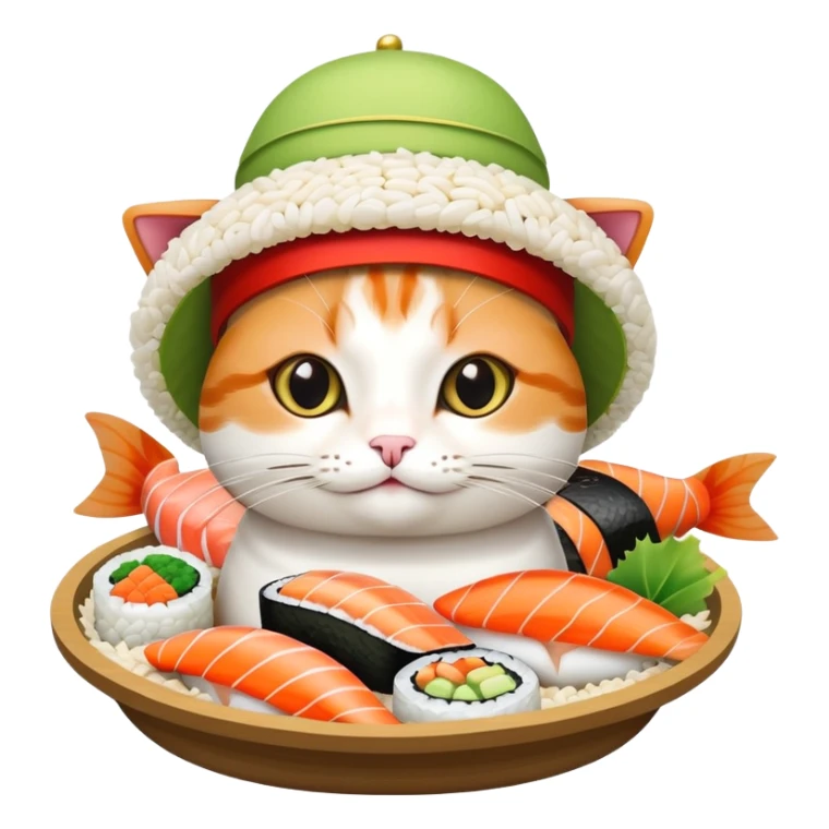 cat wearing a hat with a rice base, multiple fish pieces on top, and wasabi accent, sushi hat sticker