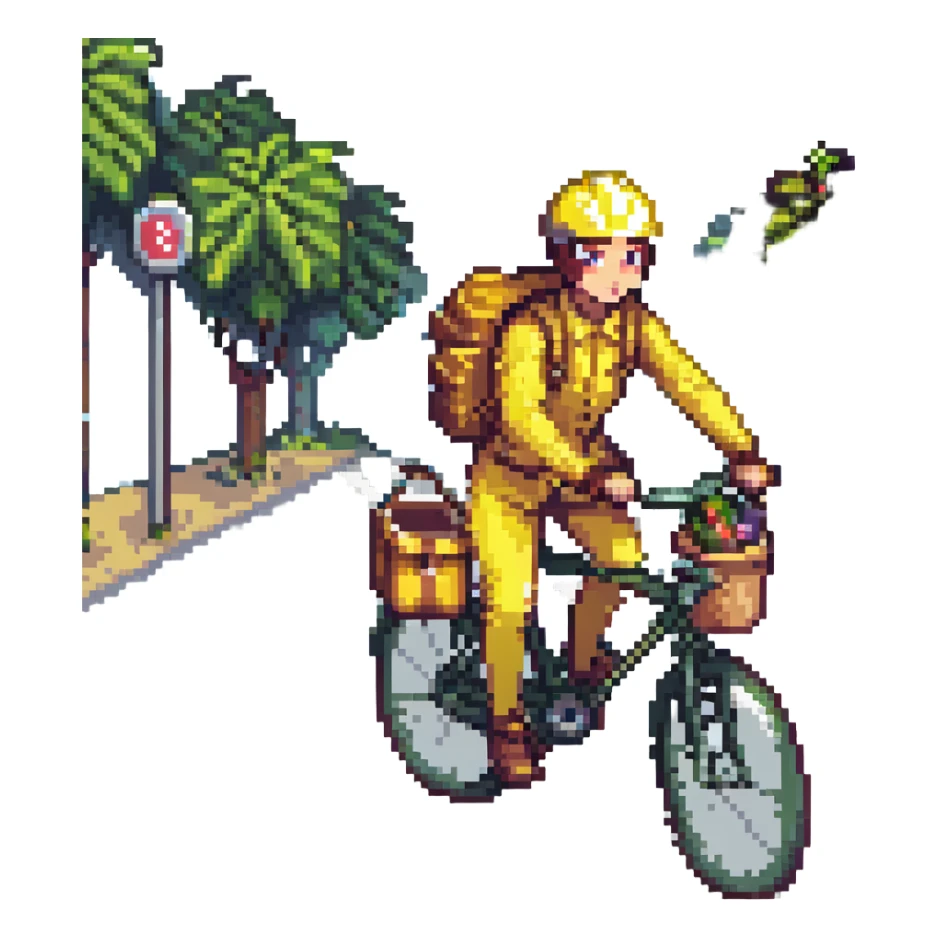 A courier on a yellow bicycle wearing yellow clothes, riding from left to right sticker