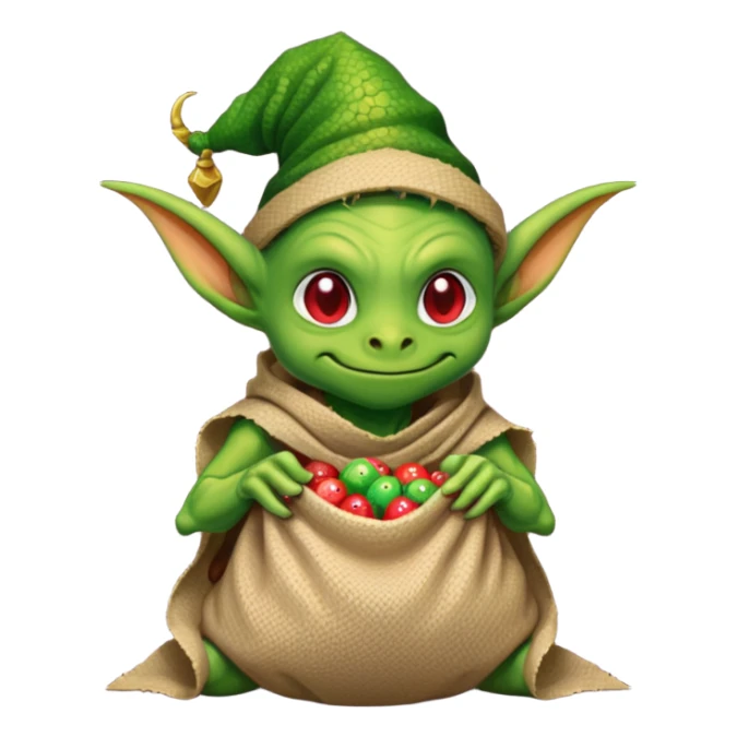 A pixel art goblin with a cloth sack over its back filled with dragon eggs. sticker