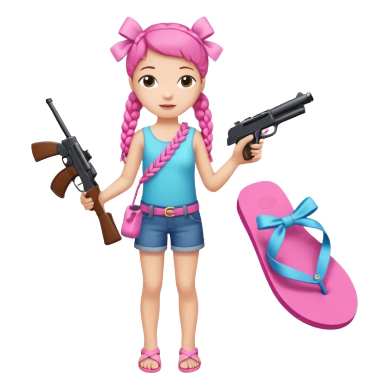 A girl who has a braid on one should and has a flipflop in one hand that has a bow while in the other hand she has a gun with a bow  sticker