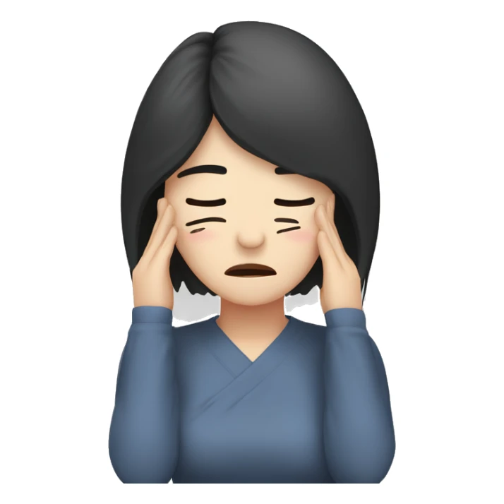 Headache, middle-aged Korean woman in her 40s, with only one hand on her head, painful face, black hair sticker