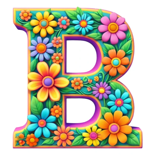 3D style, psychedelic colored Letter B with hippie style flower border sticker