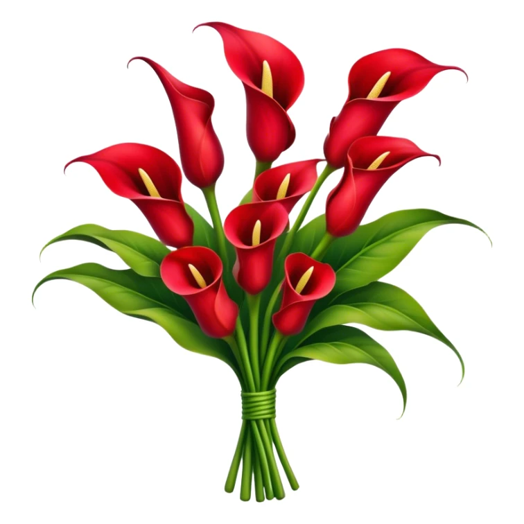 big bouquet Red Calla Lily, luxuriant, stem, leaf, bright sticker
