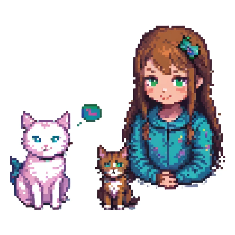 Replace the girl with the one in the reference image, keeping the pose: girl and cat looking at each other, pixel art style, with no background. sticker