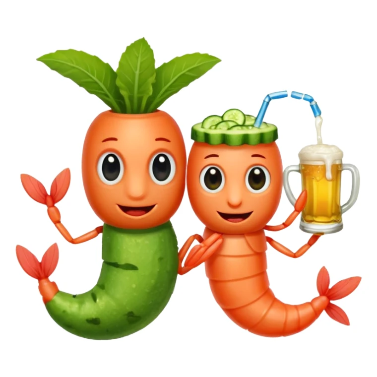 Create a modern emoji-style illustration of two shrimp characters, friendly and cool, slightly cartoon but stylish, not childish.
They are toasting (‘salud’), one shrimp holding a beer mug with aguachile topping, the other holding a fresh aguachile bowl with cucumber and chili.
  sticker