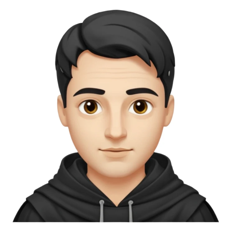 A handsome man with fair complexion. masculine, roman, slightly crooked nose. Thick triangular eyebrows. Hooded eyes and black pupils.  smily lips with a heavy top lid.  Jinu haircut sticker