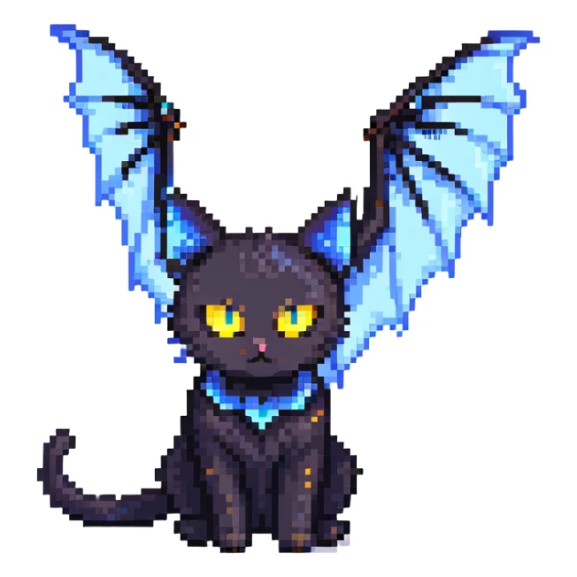 black cat with blue bat wings and glowing yellow eyes sticker