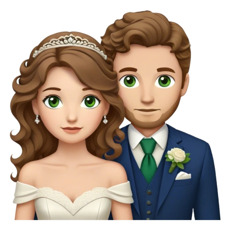 A bride and groom. Bride has brown hair with soft curls, has green eyes, wears an off shoulder dress. Groom has blond hair, has dark blue eyes, wears a brown suit with a brown vest and a bolo tie. sticker