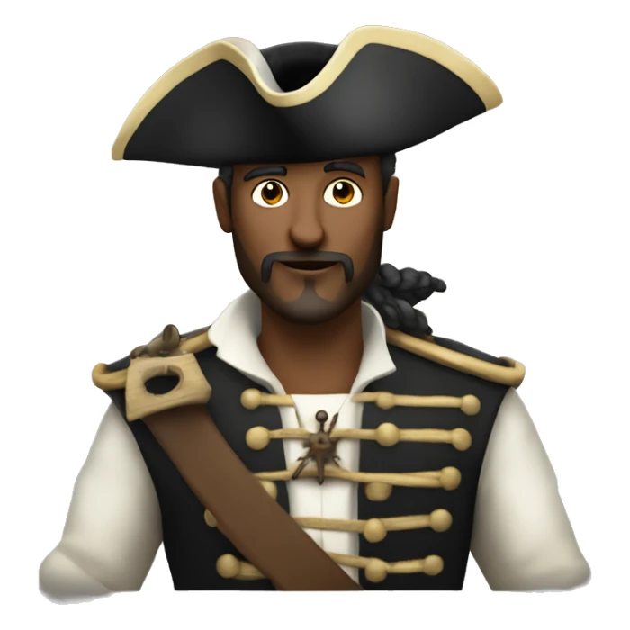 white pirate on a caravel ship, looking true a binocle and with is hand on the face sticker