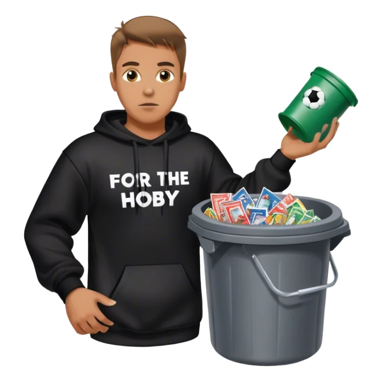 Man with black sweatshirt that says FOR THE HOBBY in white lettering throwing a trash cand filled with wrappers from football trading cards sticker