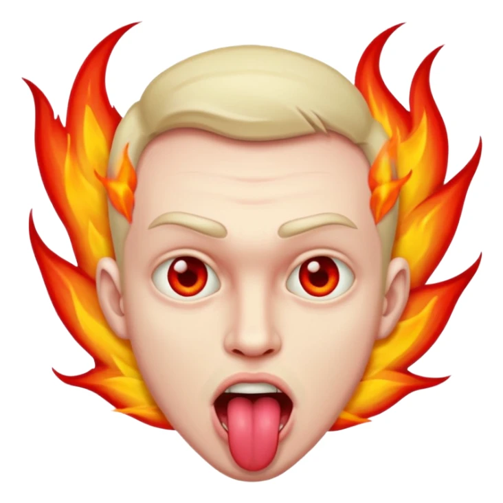 crazy man looking weird with wild expression, tongue out, eyes on fire sticker