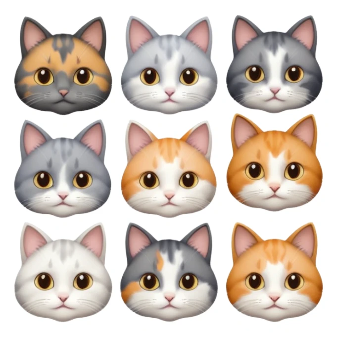 6 realistic looking cats with different natural coloured coats, assorted grey and white, greys, calico, brown and white colours etc
 sticker