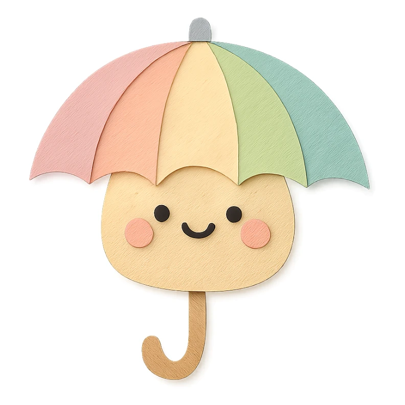 kawaii rainbow umbrella, smiling face, soft pastel palette, no arms or legs, full body, paper craft style sticker