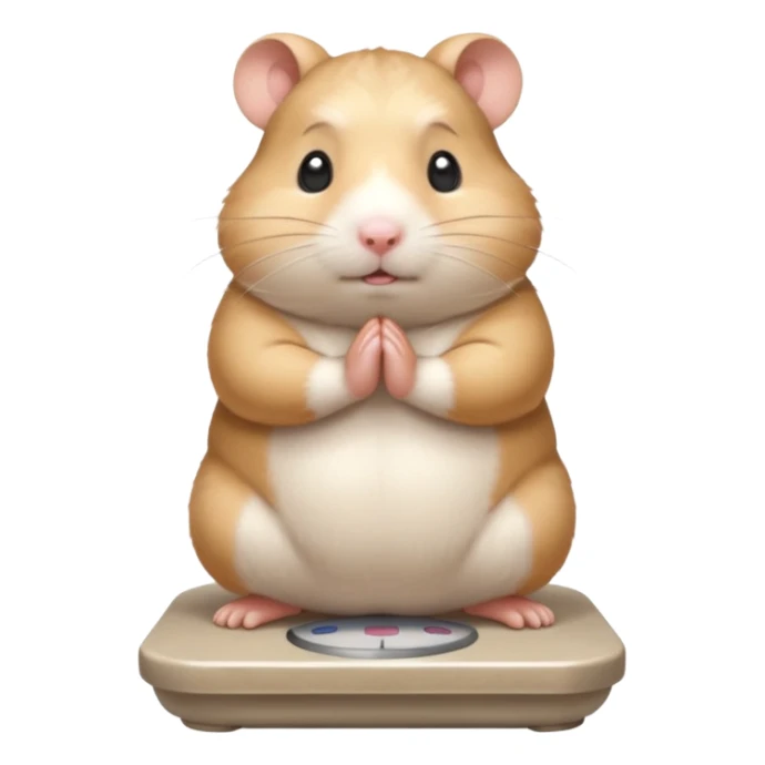 Cute chubby cartoon-style hamster standing on a bathroom scale, looking nervous with praying hands. Painterly shading, expressive eyes, white background, sticker-style illustration sticker