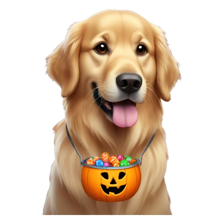 Golden retriever with a jack o lantern bucket full of colorful candy in his mouth sticker