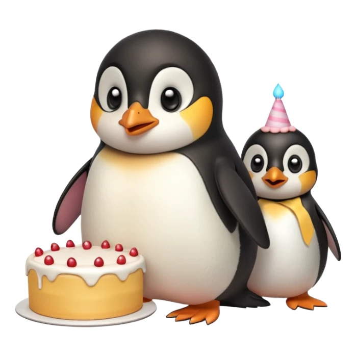 A penguin standing near a cake, feeling shy from a surprise celebration, portrait, bust up sticker