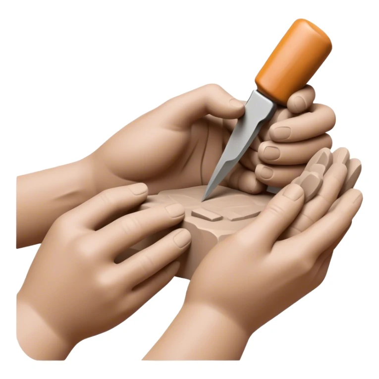 Clay sculpting icon, hands shaping clay, sculpted figure in progress, sculpting tools like chisels and knives, textured clay surface, minimalistic style, clean lines, transparent background. sticker