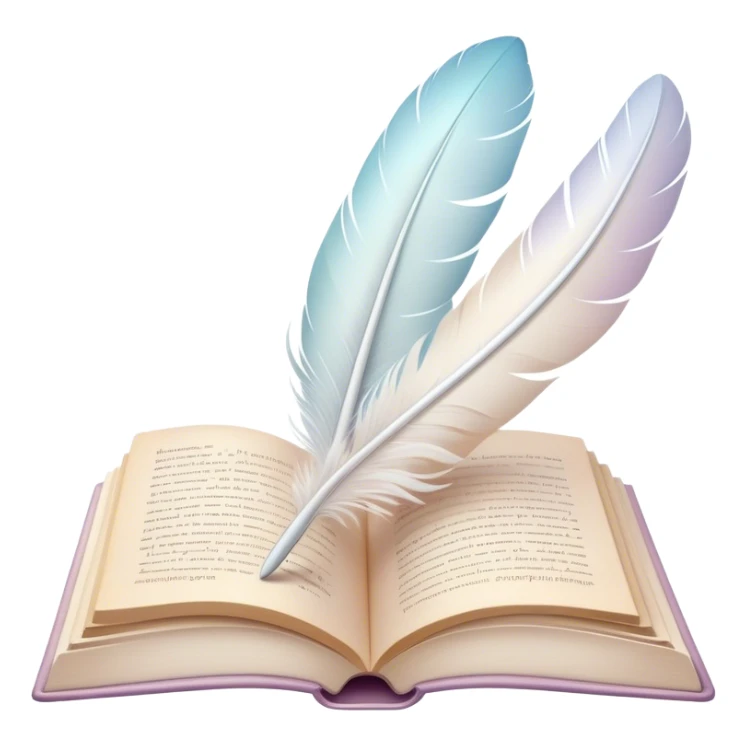 Create a delicate and poetic emoji representing poetry. The design should feature several elegantly flying pages with short poetic columns written on them. The pages should appear light and flowing, almost as if being carried by the wind. Include a white feather gently resting on the pages, symbolizing creativity and inspiration. Use soft, pastel tones to give it a dreamy, artistic feel. The design should feel ethereal and whimsical, capturing the essence of poetry. Make the background transparent. sticker