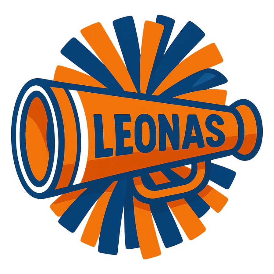 cheerleading megaphone in orange, blue and white colors, with 'Leonas' written, vibrant illustration style sticker