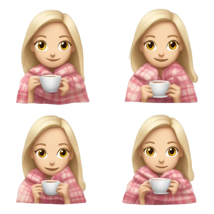 A pale blonde girl covered in a plaid light pink blanket sipping hot tea sticker