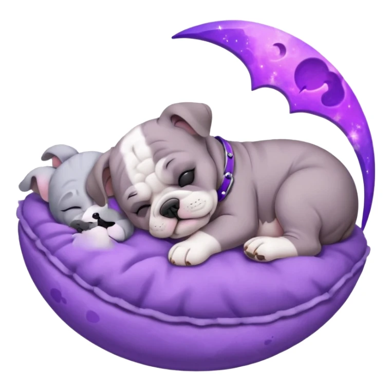 purple moon with a sleeping grey bull dog puppy with a purple collar sticker