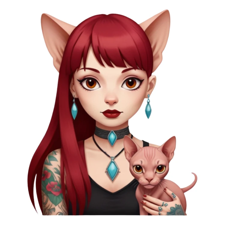 girl with long dark red straight bangs hair and tattoos and a Sphynx sticker