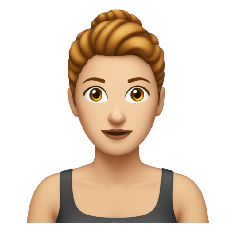 White woman with European features, sitting at a computer. She has reddish-brown hair styled in a high bun and a few freckles on her face sticker