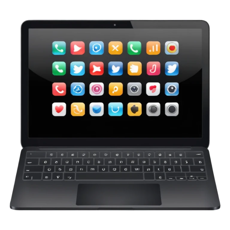 A simple black laptop displaying app icons in grid, no key labels sticker