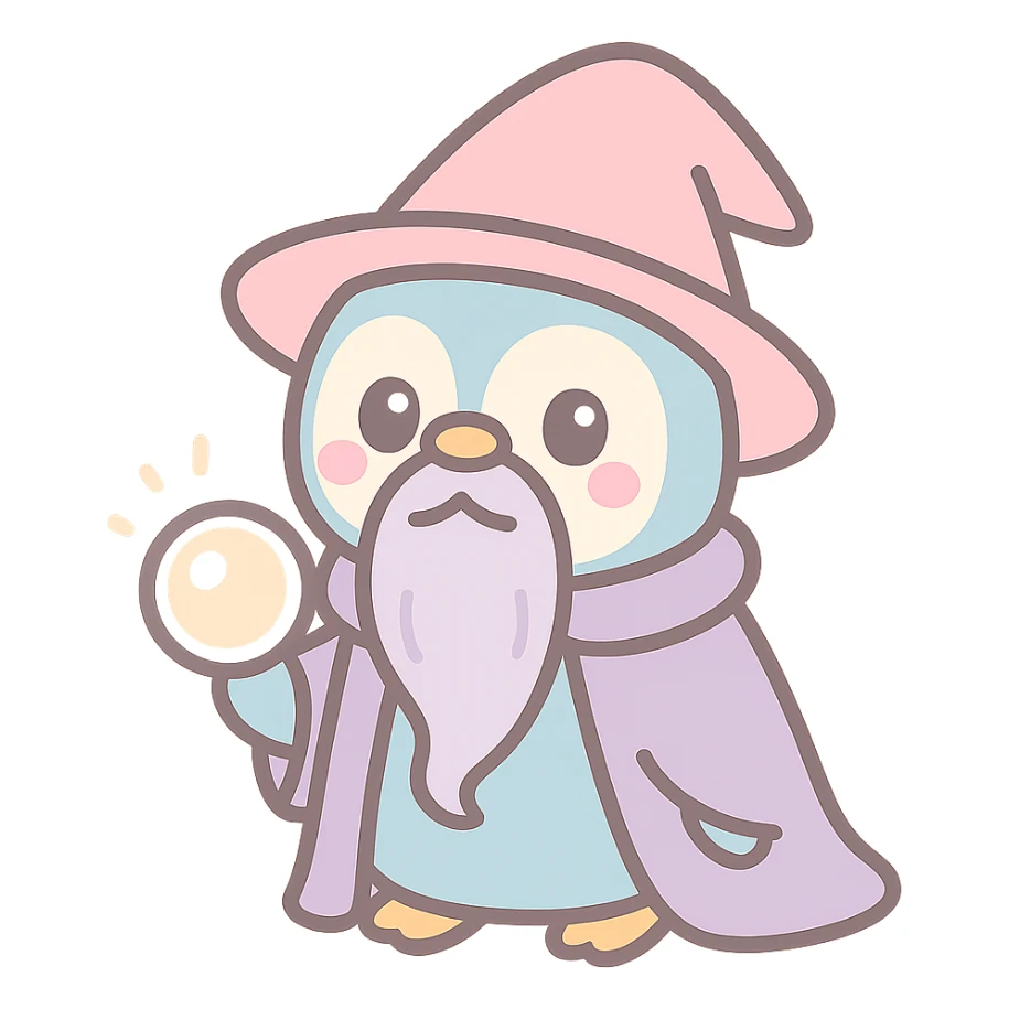 a penguin wizard with a long beard, wearing a cloak and holding a glowing orb sticker