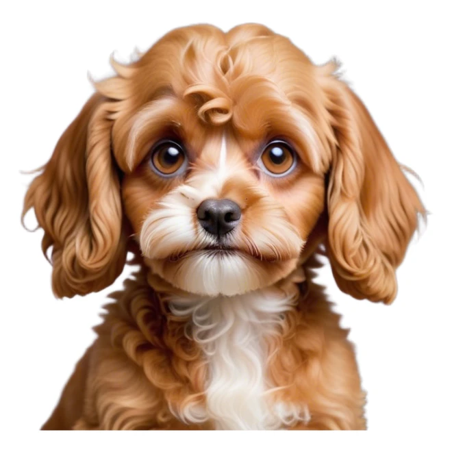 Cinematic Grumpy Apricot Cavoodle Portrait Emoji, Head tilted slightly with a deeply unimpressed expression, showcasing a thick, curly apricot coat with subtle white accents, large, droopy brown eyes narrowed into an unamused glare, ears slightly drooping in exasperation, Simplified yet comically expressive features, highly detailed, glowing with a dry, sarcastic glow, high shine, effortlessly judgmental yet dignified, stylized with a touch of cynicism, bright but brooding, soft glowing outline, capturing the essence of an eternally unimpressed yet endearing companion, so lifelike it feels like it could sigh heavily at you in disdain at any moment! sticker