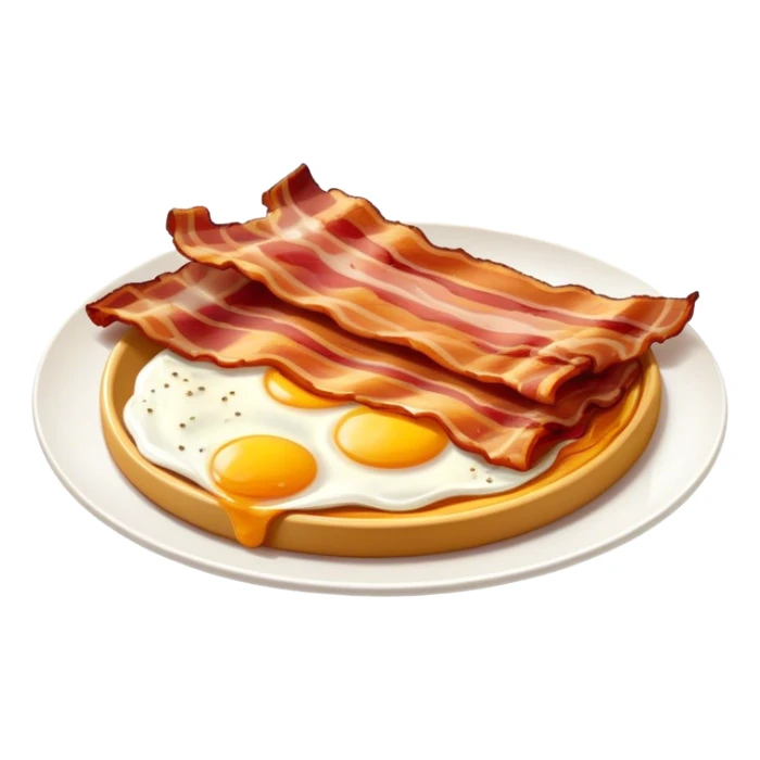 Cinematic crispy sizzling bacon, slightly curled, golden-brown with a perfect crunch, glistening with rich flavor, deep warm tones, served on a breakfast plate, comforting and indulgent. sticker