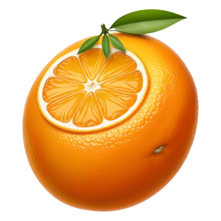 small oval citrus fruit with smooth glossy orange skin, whole and halved to show juicy segments and tiny seeds, firm slightly dimpled texture, miniature scale, no leaves or extras, soft lighting, subtle shadows, emoji scale sticker