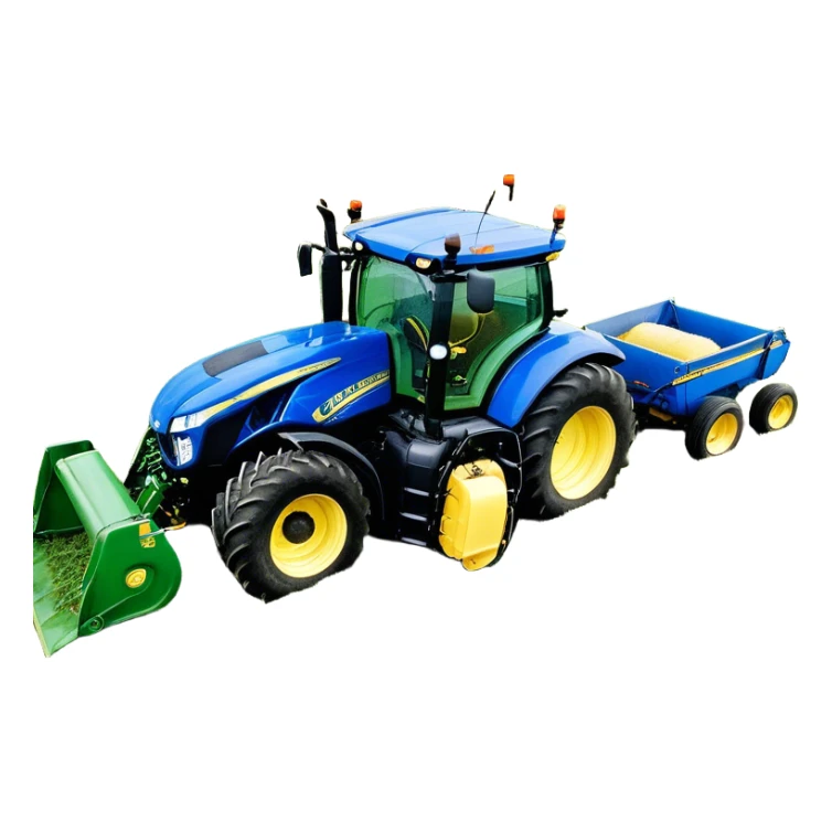 Baler – New Holland Roll-Belt 560 (2018) – Cinematic-realistic John Deere 6155M tractor towing a New Holland Roll-Belt 560 baler, its deep green body contrasting with the bright blue baler. The massive machine moves steadily through golden fields, compressing freshly cut hay into tight round bales, while dust swirls under the blazing afternoon sun. sticker