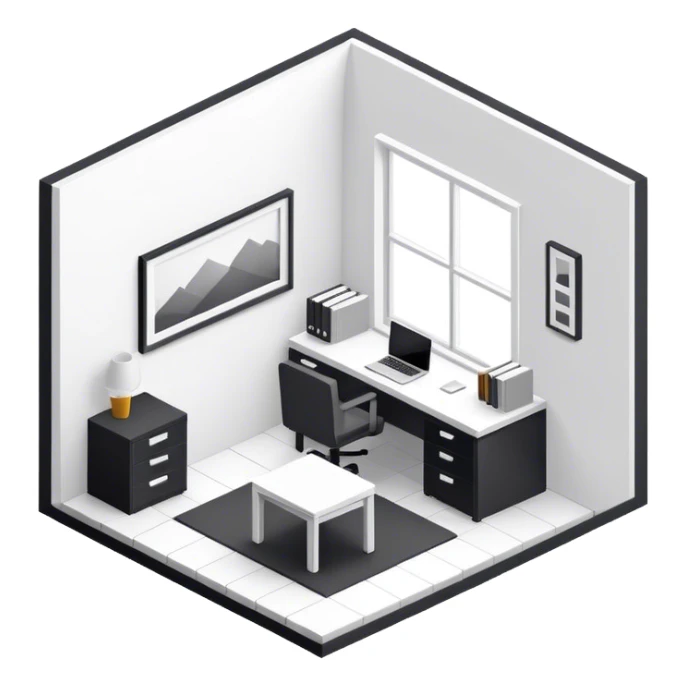 An isometric 3D room with two white walls that meet at the back left and right and a single Window. Black and White Home Office sticker