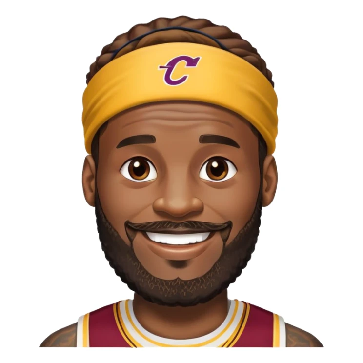 LeBron James smiling face with his iconic beard and headband sticker