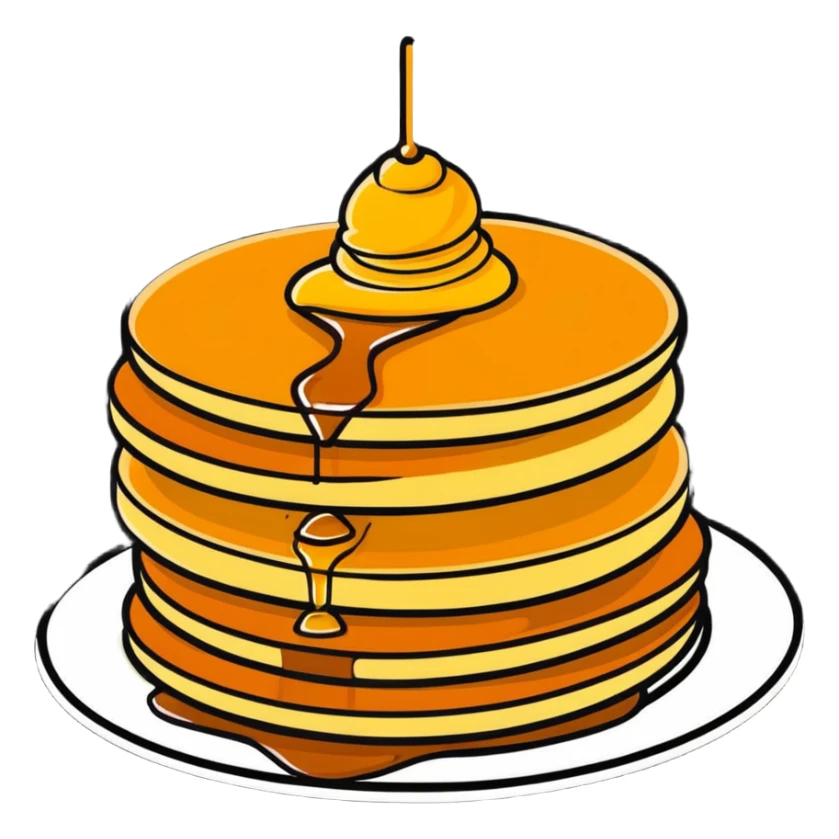 stack of pancakes with honey and fruit sticker