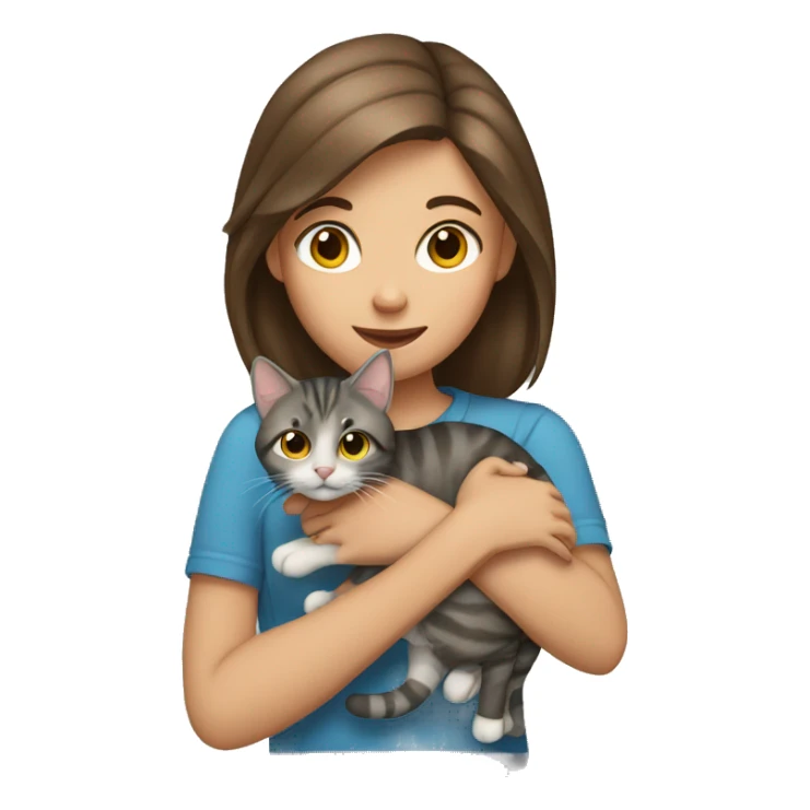 girl with brown hair holding grey tabby cat sticker