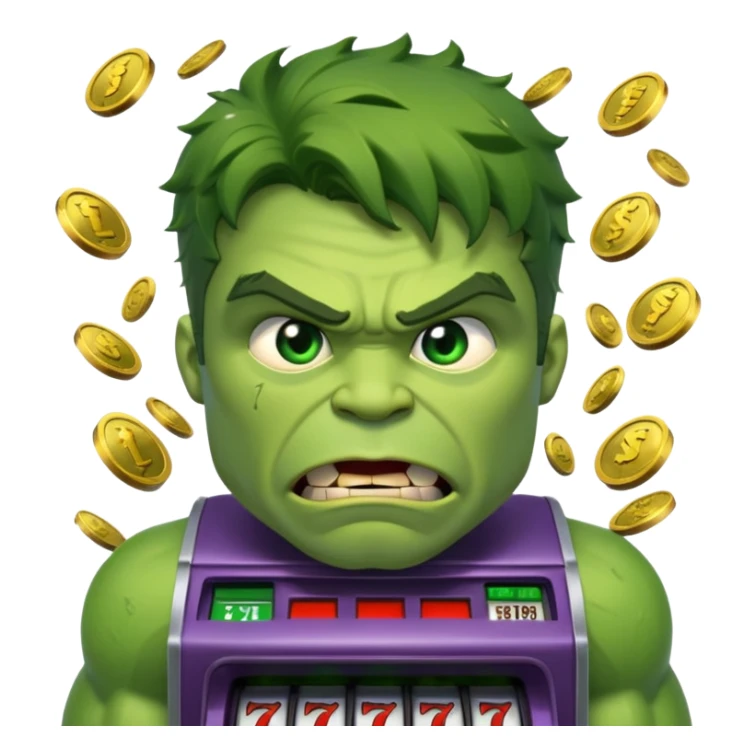disheveled hulk losing money at a slot machine, panicked face, coins flying sticker