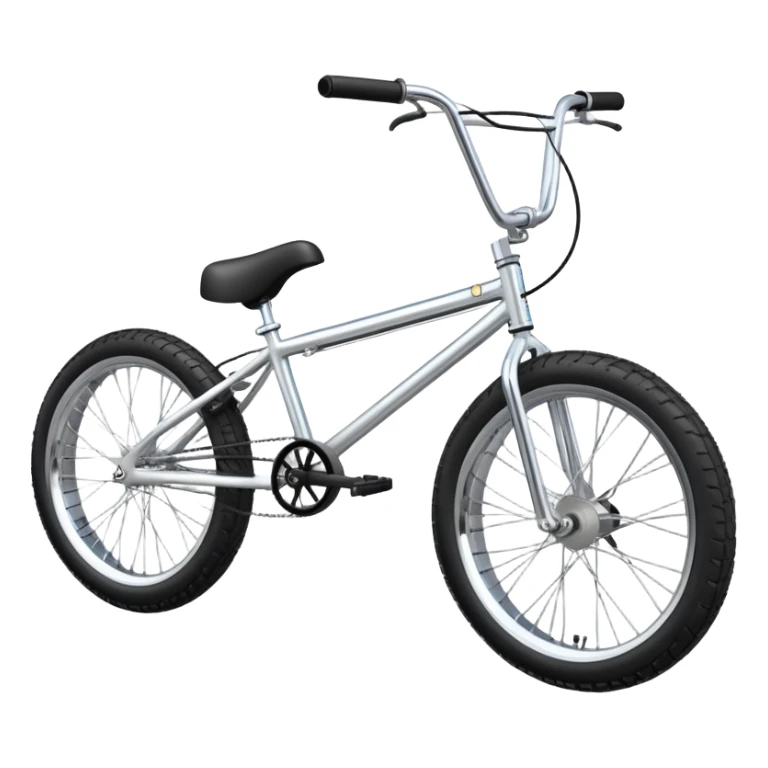 BMX bike with chrome frame, side view, small wheels with fat tires, high rise handlebars, pegs on axles, iOS emoji style sticker