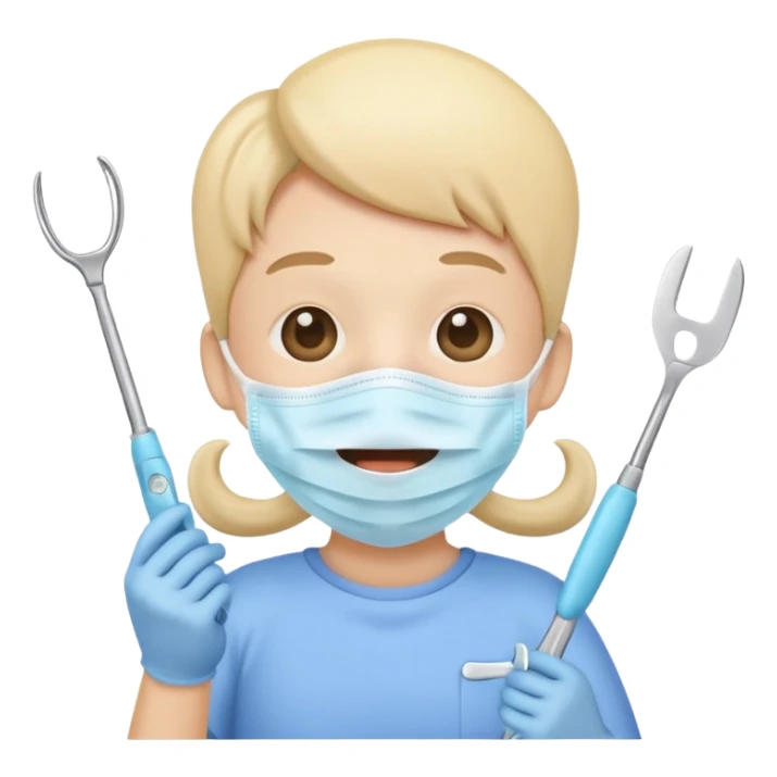 Cute tooth character wearing a face mask, holding dental tools, friendly and clean emoji style, flat illustration, simple design, white background. Diente animado no person sticker