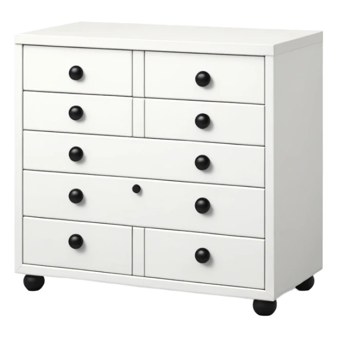 A sleek white 6-drawers chest with round small black knobs — with minimalist charm. ikea inspire sticker