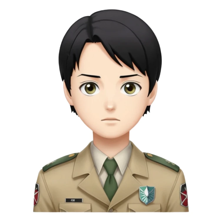Levi Ackerman from Attack on Titan, with black hair, gray eyes, and wearing Survey Corps uniform sticker