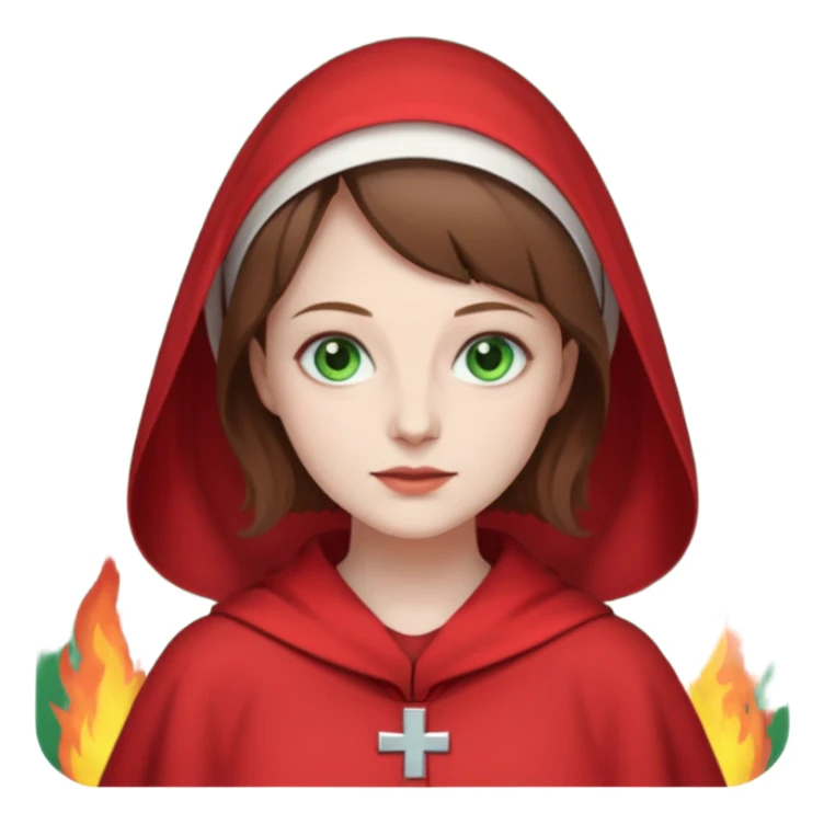 Handmaid woman with brown hair and green eyes. Only head. Background fire sticker