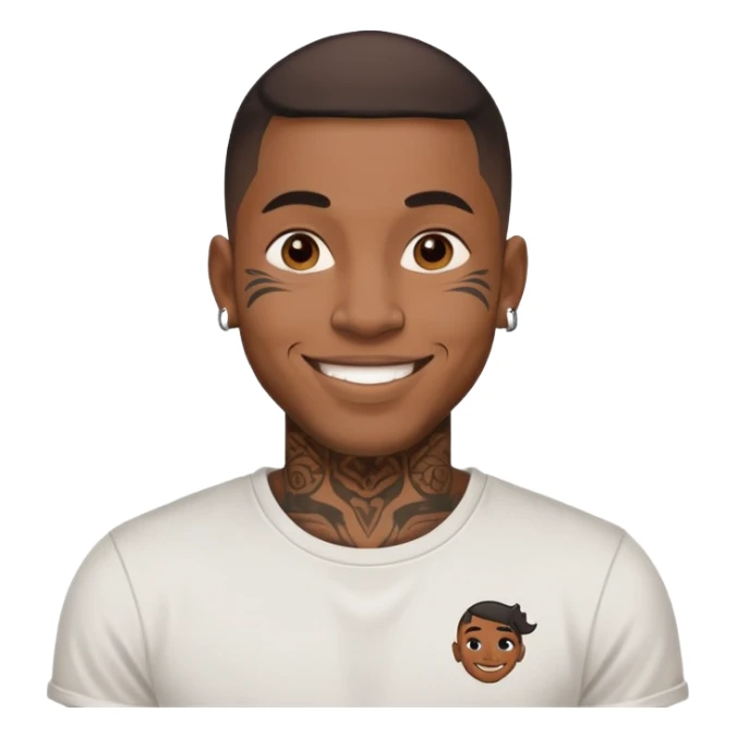 black man with face tattoos, smiling, wearing a t-shirt sticker