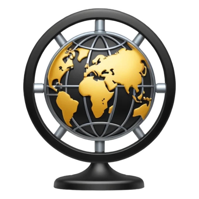 Minimal black line icon of a gear and globe, with circuit-style connected nodes, flat vector style, thin stroke, white background, representing global system configuration and connectivity. sticker