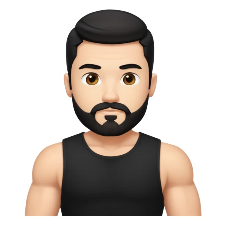 generate an ios genmoji of a fair guy with black wearing a sleevless black tshirt with big biceps and a goatee style beard sticker